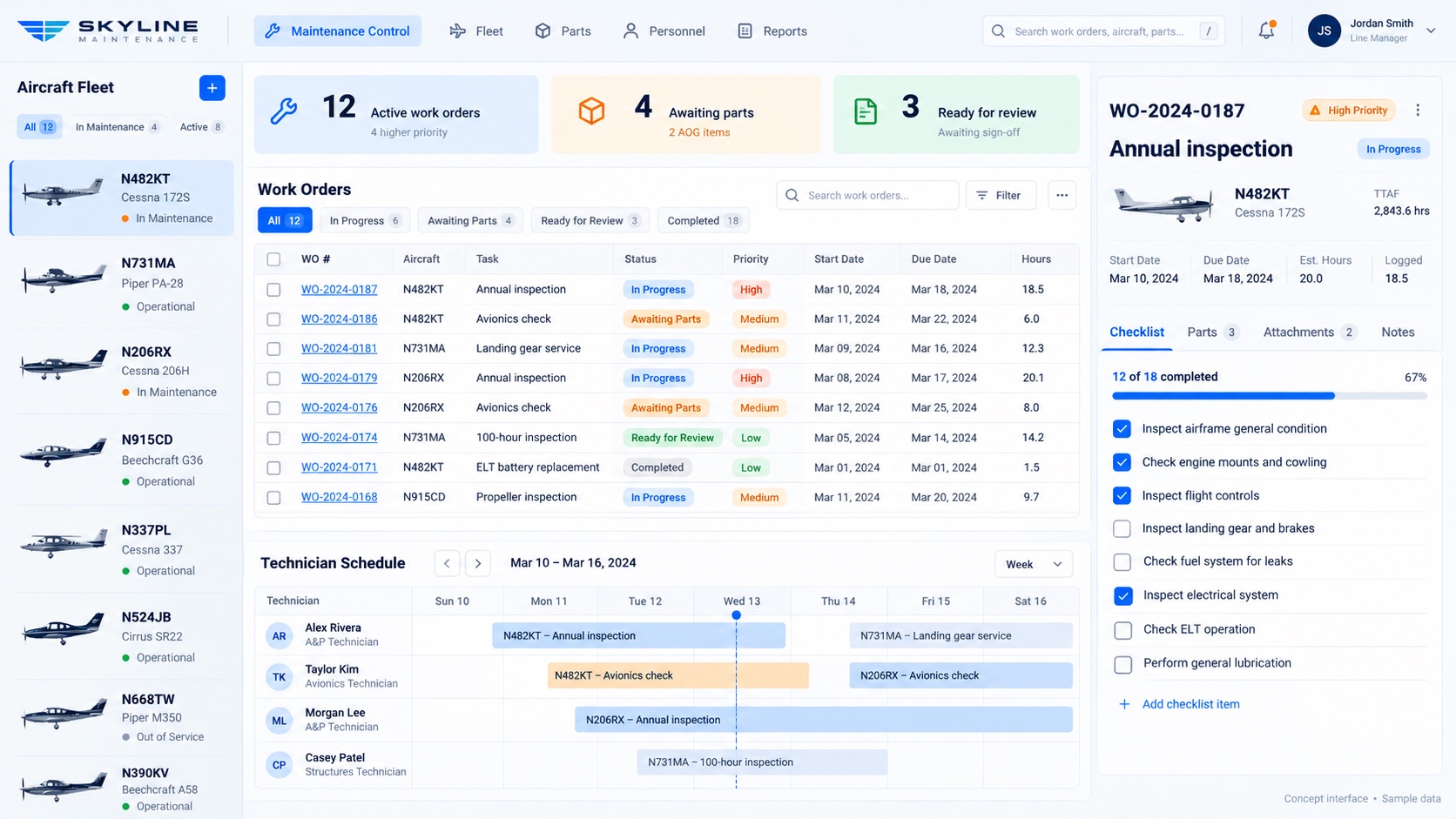 Illustrative Aircraft maintenance tracking interface with fictional sample data