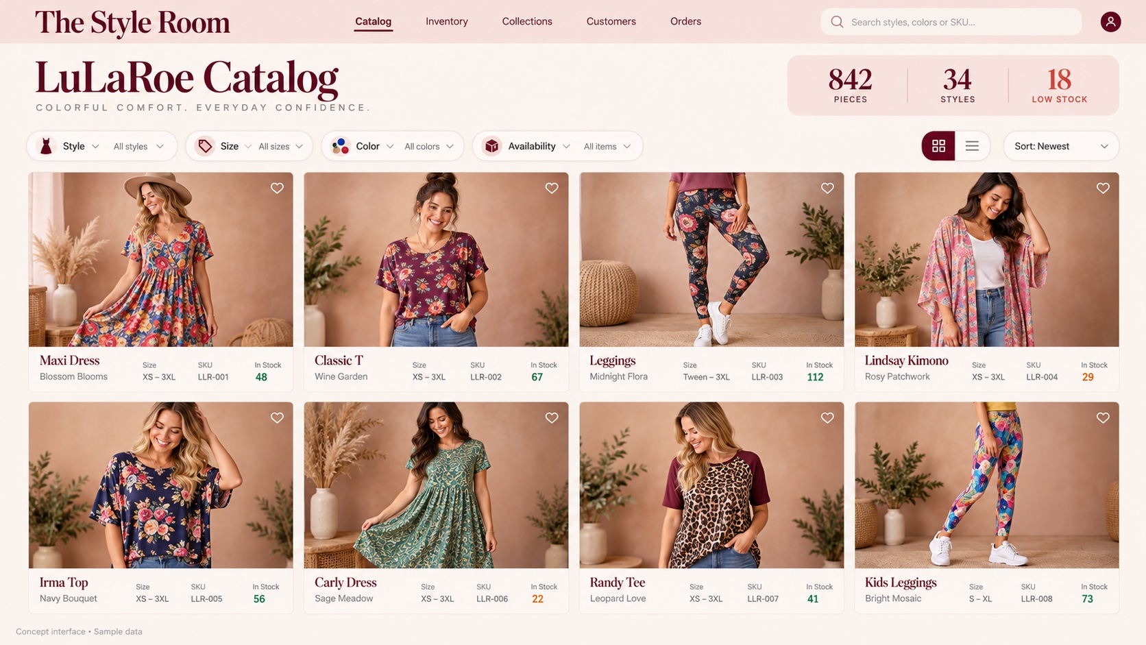 Illustrative LuLaRoe clothing catalog interface with fictional sample data