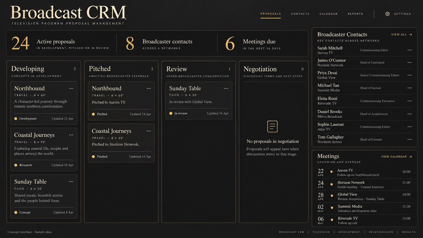 Illustrative TV broadcaster proposal CRM interface with fictional sample data